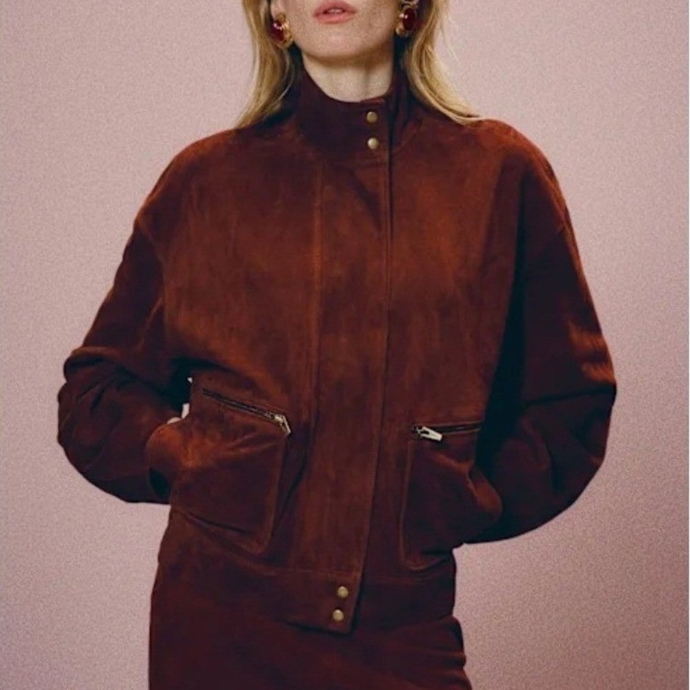 Reformation Veda Harrison Leather Oversized Bomber Jacket Cranberry Suede XL NWT
